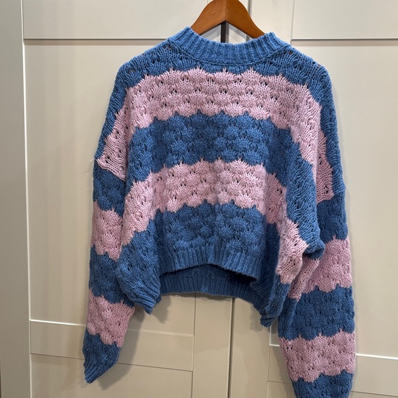 Cotton Candy Sweaters - Cotton Candy Textured Striped Sweater - Blue and Pink